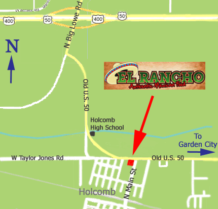 A map to El Rancho Cafe in Holcomb Kansas near Garden City